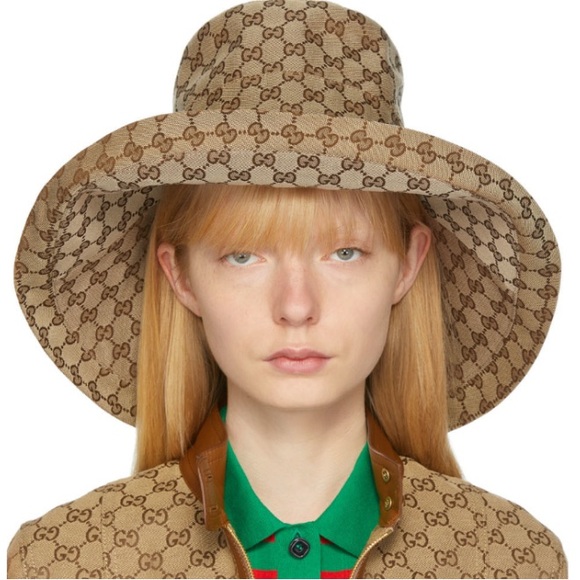 Gucci GG Monogram Bucket Hat Wide Large Brim Beige Canvas Jacquard Sun Coverage - Picture 2 of 16